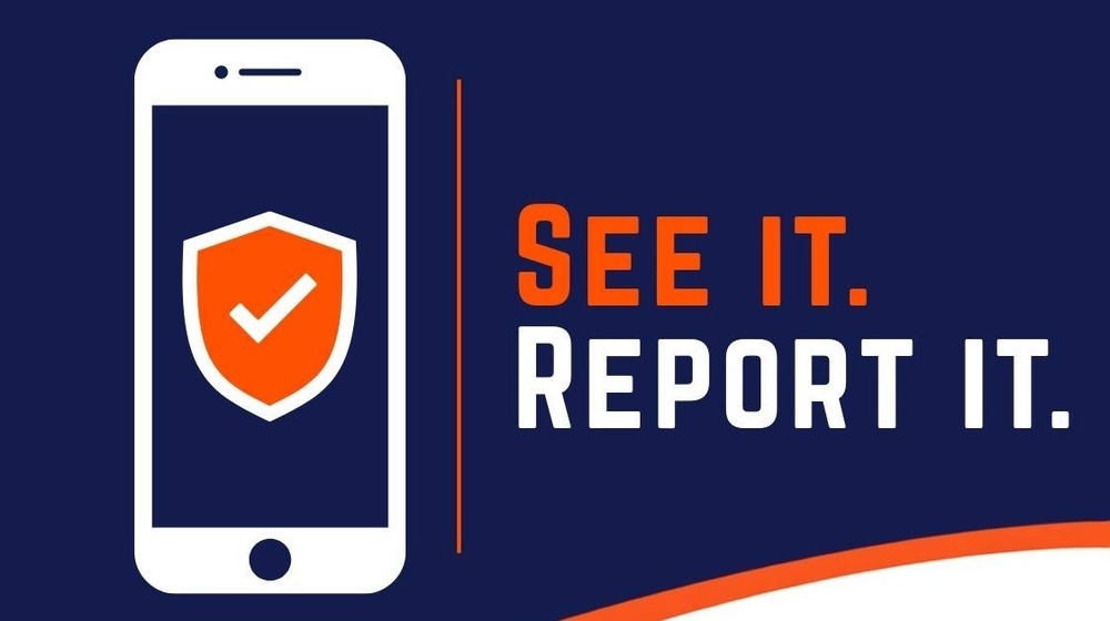 Cell phone with a orange check mark on it on blue background that says See It. Report It.
