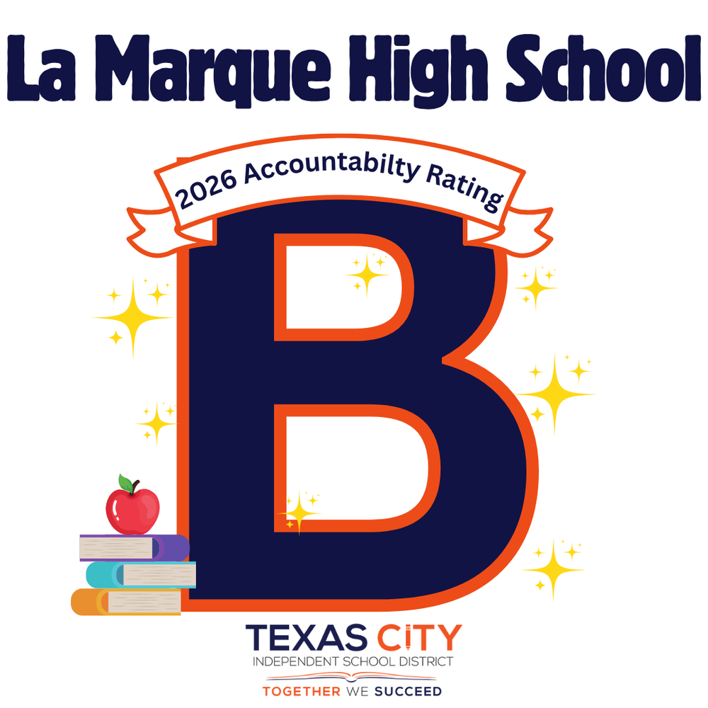 Graphic showing La Marque High School’s 2026 accountability rating of B.