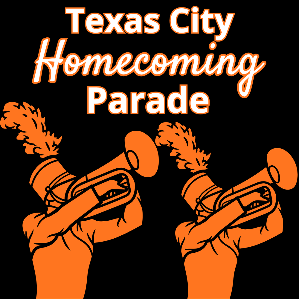 Black background with white letters outlined in white that says "Texas City Homecoming Parade" featuring graphics of band members playing trumpets.