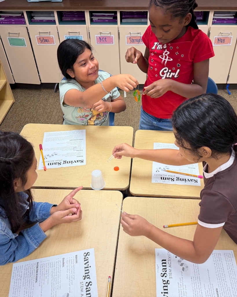 Students work together at their desks during the Saving Sam STEM activity.