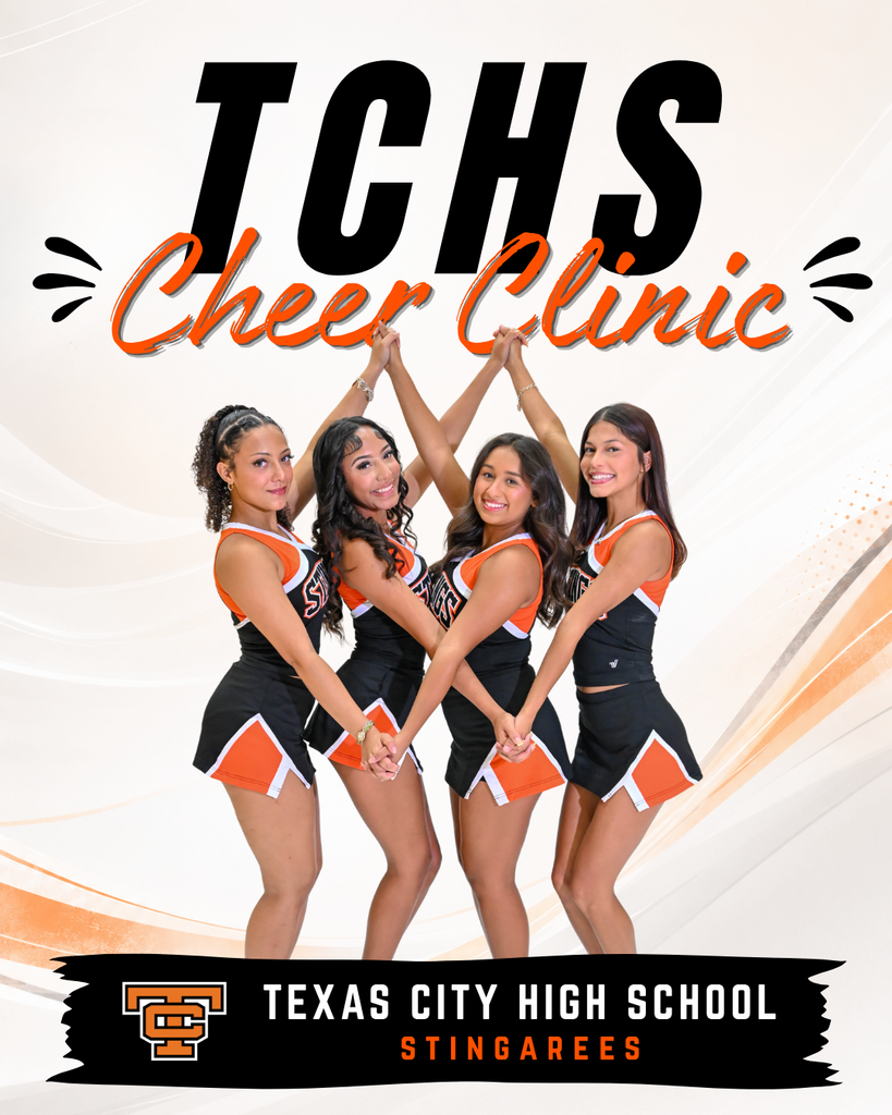 Four TCHS cheerleaders pose together for a TCHS Cheer Clinic graphic.