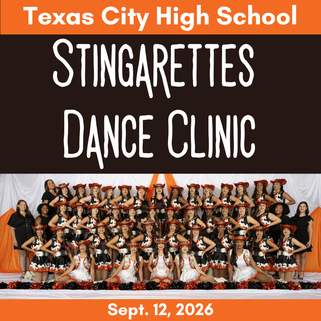 Texas City High School Stingarette Dance Clinic Sept. 12, 2026 with group photo of Stingarettes dance team