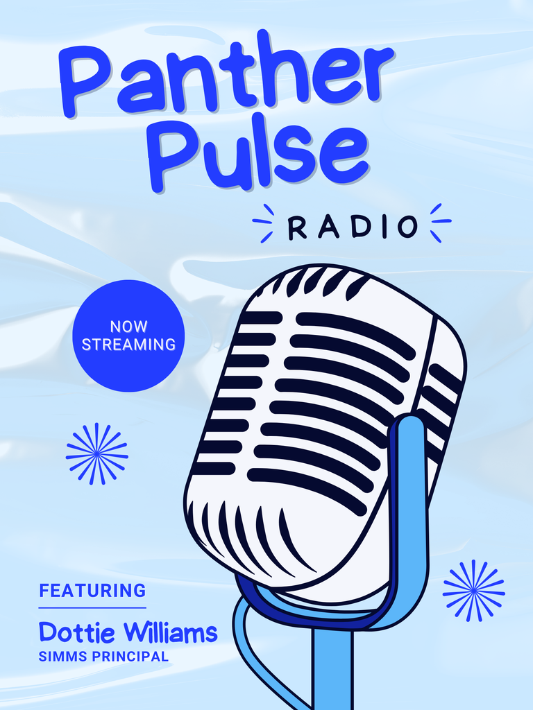 Panther Pulse Radio Season 2 graphic featuring a large microphone and Principal Dottie Williams. New episode streaming now.
