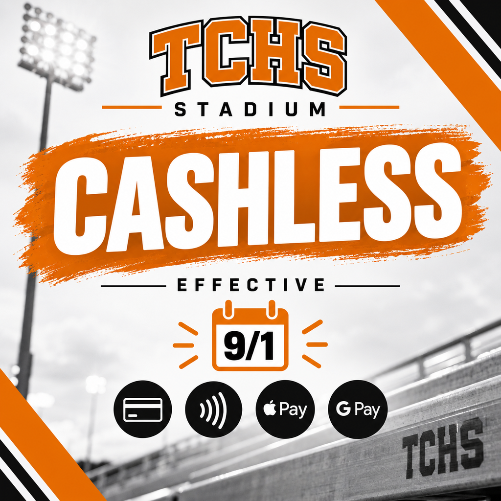 Graphic announcing that TCHS Stadium is cashless effective Sept. 1. Credit and debit cards, contactless payments and Cash App are accepted.