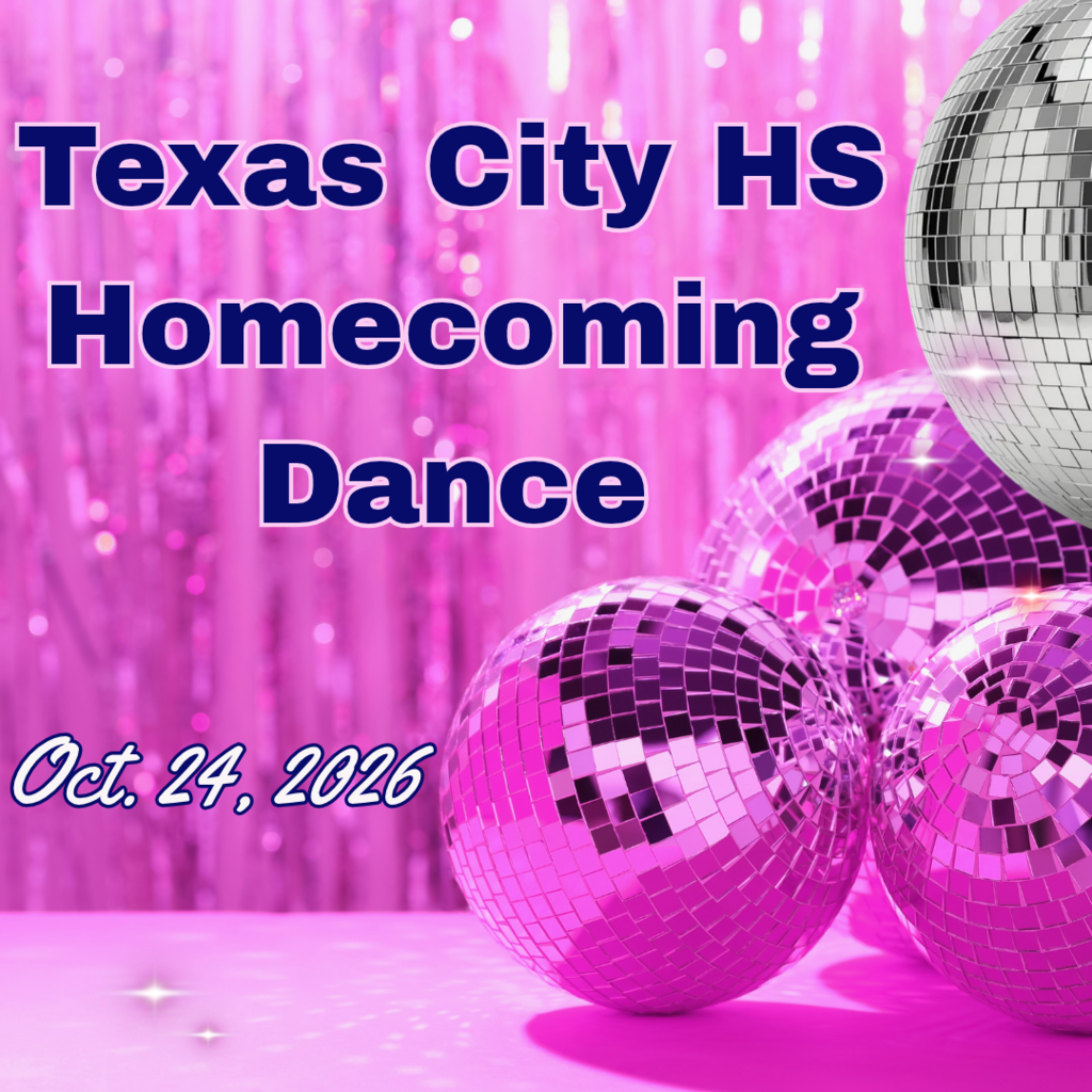 Pink glitter streamers background with pink and silver mirror balls on right side. Text says, "Texas City High School Homecoming Dance Oct. 24, 2026"
