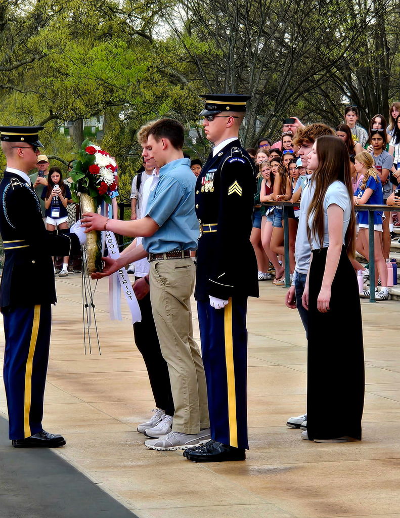 Pictures include: Wreath laying ceremony, meeting the lead from Aladdin on Boardway, and a group picture at the Capitol. 