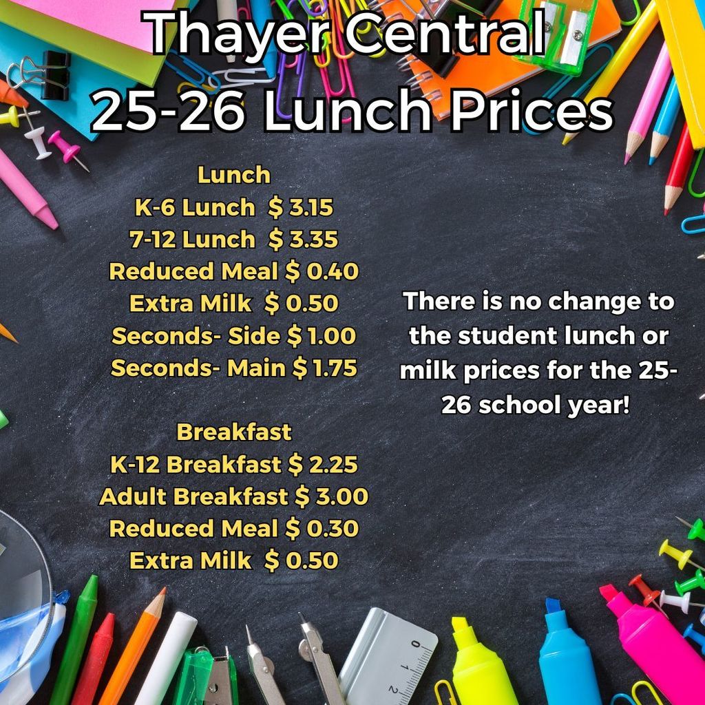Thayer Central 25-26 lunch prices