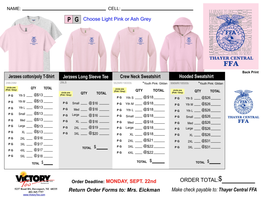 Order form and payment are due on Monday, September 22nd