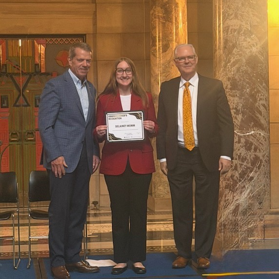 Gov. Jim Pillen, Delainey Mumm, Commissioner of Education Brian Maher 