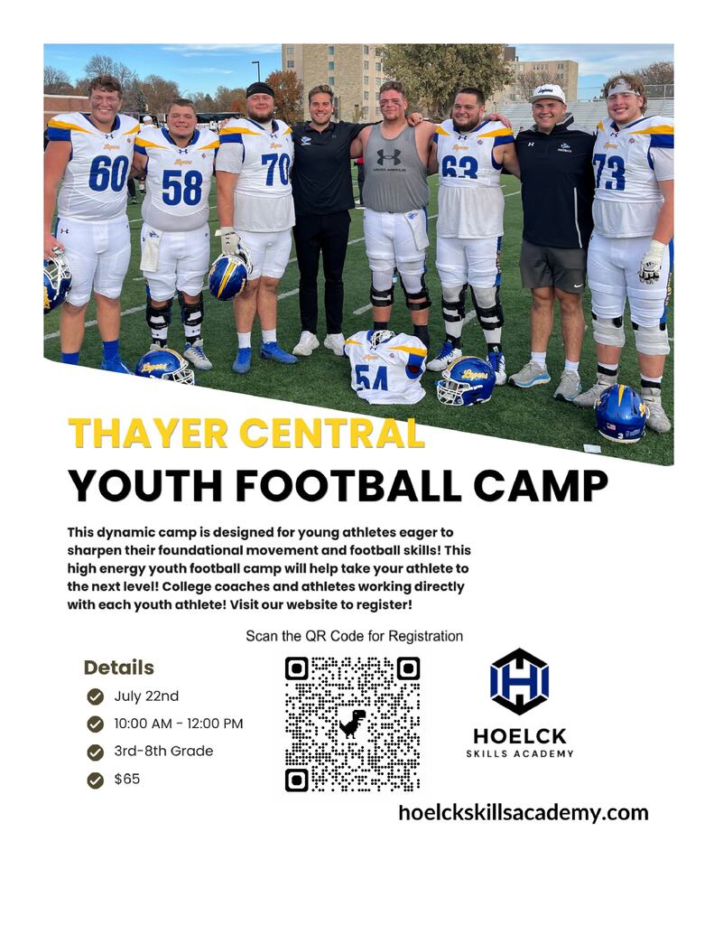 QR Code registration for 2026 Thayer Central Youth Football Camp on July 22nd.