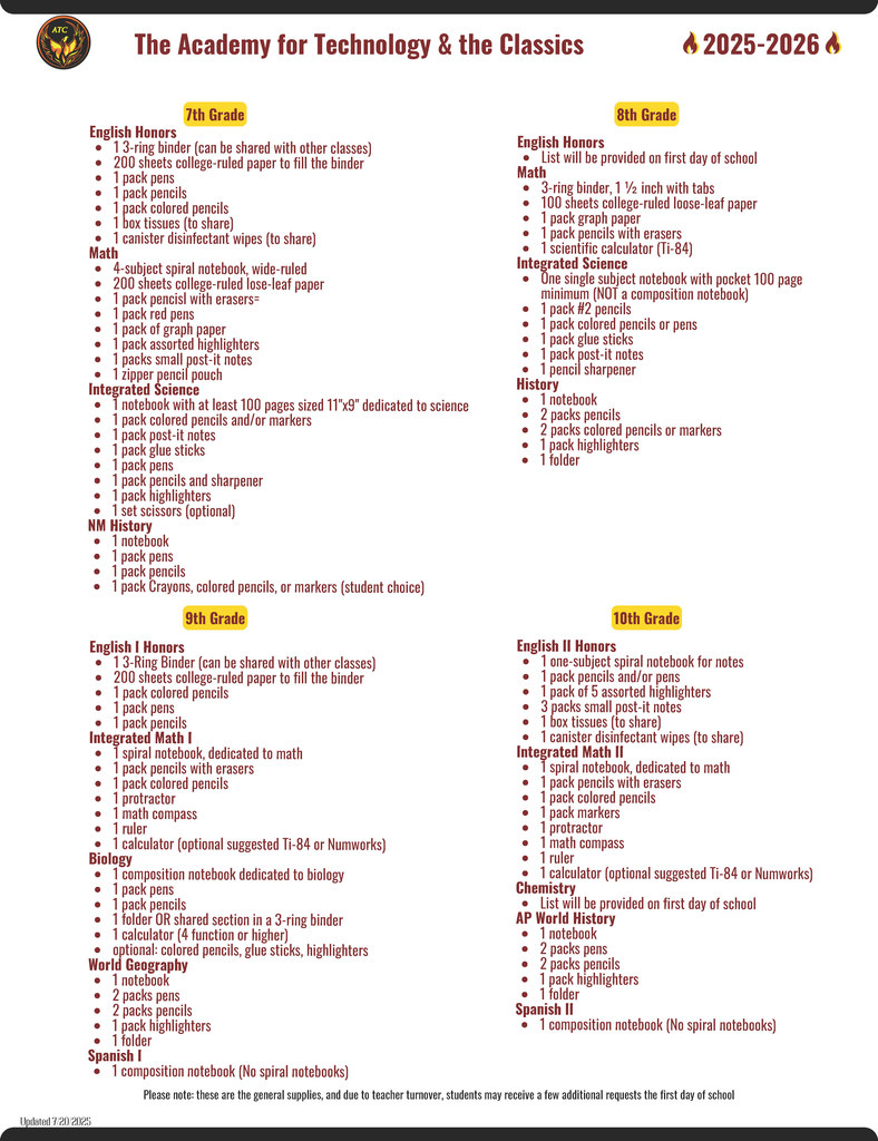2025-26 School Supply Lists