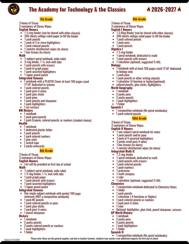 School Supply List Page 1, grades 7 - 10