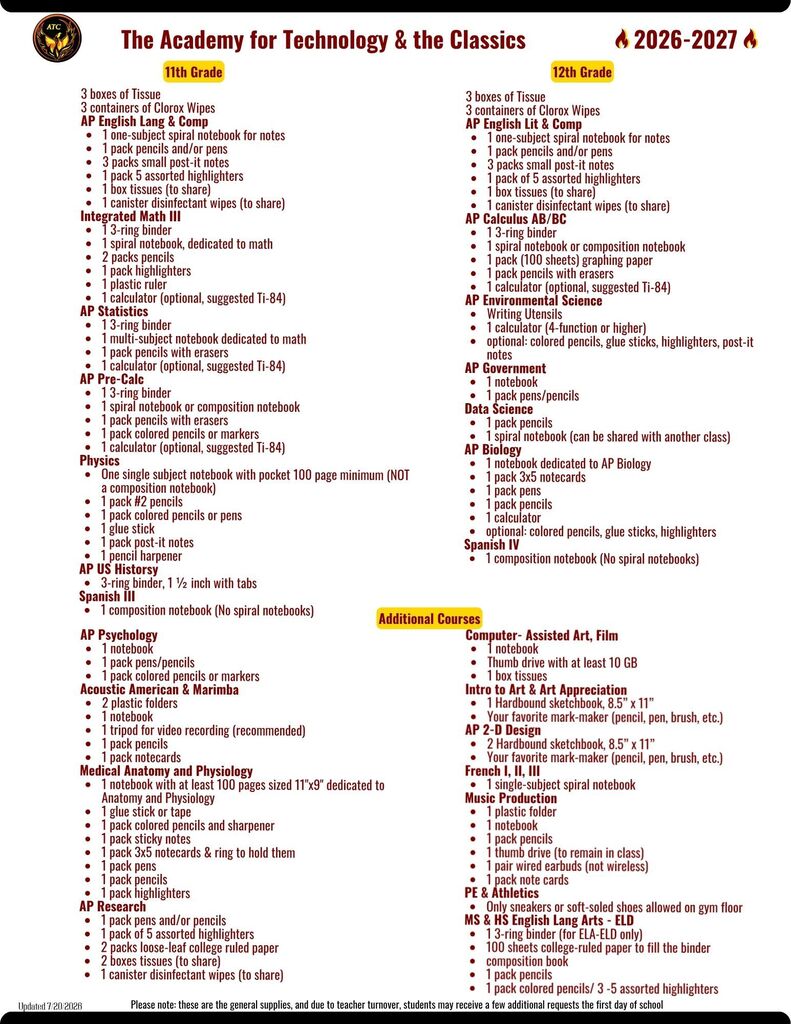 School Supply List Page 2, grades 11, 12, and other courses