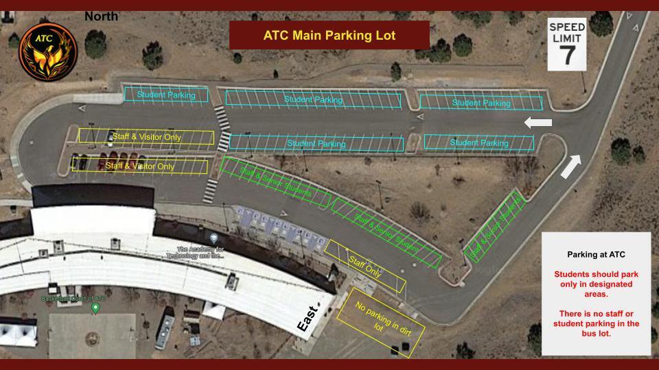 ATC Student Parking allowed in Blue Zones. Green Zone is for Staff and seniors. Yellow zone is staff or visitors.