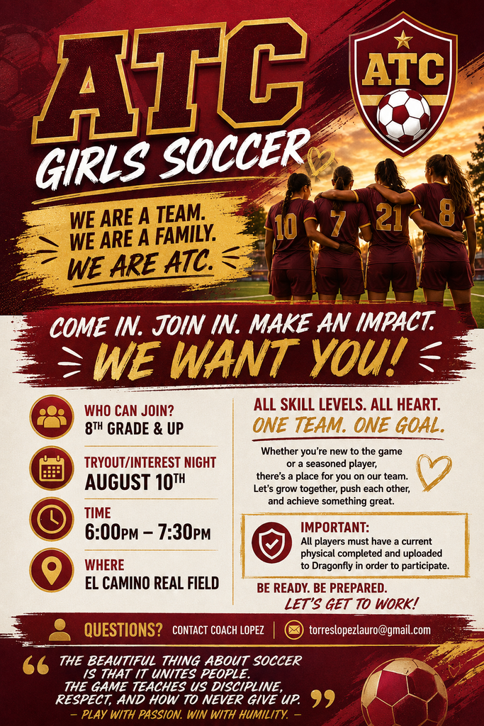 Soccer tryout / interest night is August 10th! For questions, contact Coach Lopez!
