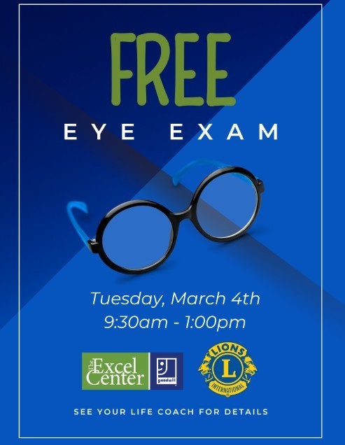 Free Eye exam Tues March 4th 9:30am-1:00pm