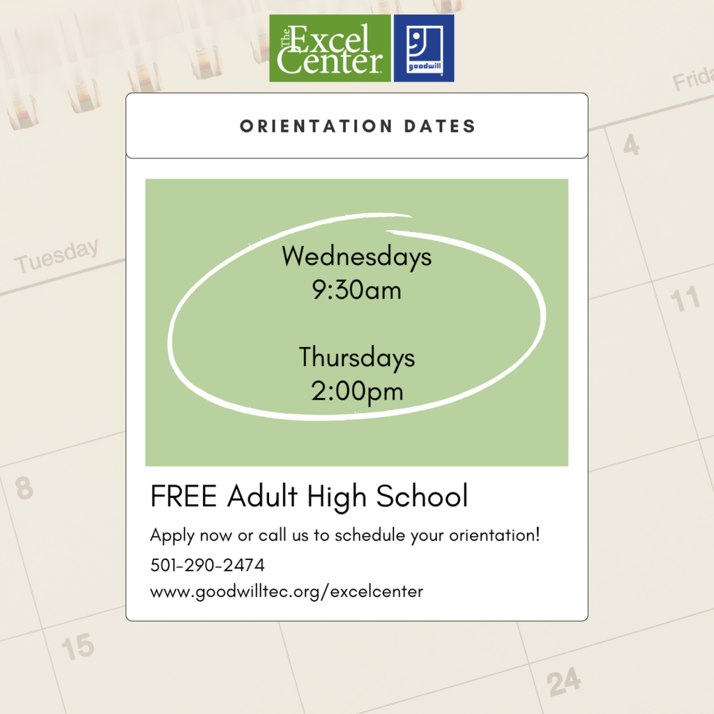 Image with two orientation days and times: Wednesday at 9:30 and Thursday at 2:00