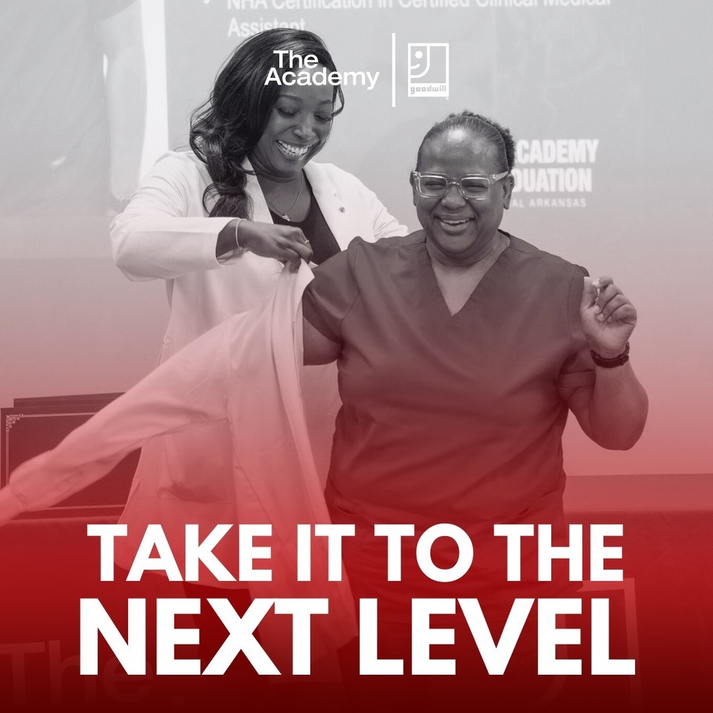 Instructor, Ms. Myia Miller, at The Academy graduation, performing a coat ceremony with a student. 