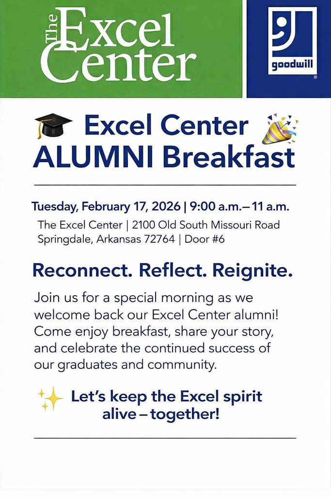 🎉 Calling All Excel Center Graduates! Come back and celebrate YOU at our Alumni Reunion on 📅 February 17th | 9:00–11:00 AM Reconnect, share your story, and enjoy food, coffee, and community. ✨ We can’t wait to see you!