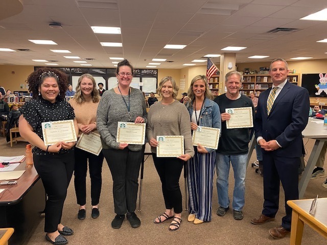 Left to right are Stephanie Arvelo-Guzman (AHS Executive Secretary), Courtney Boshart (AHS Social Worker), Chaundra Jesenski (McNulty Academy Keyboard Specialist), Amy Martelle (Tecler School Speech Therapist), Marisha Gennett (Marie Curie AIS Reading Teacher), Guy Welsher (Marie Curie Senior Custodian), GASD Superintendent Richard Ruberti. Missing from the photo are Shammy Charles (LLA Guidance Counselor) and Lindsay Madigan (Barkley Social Worker).