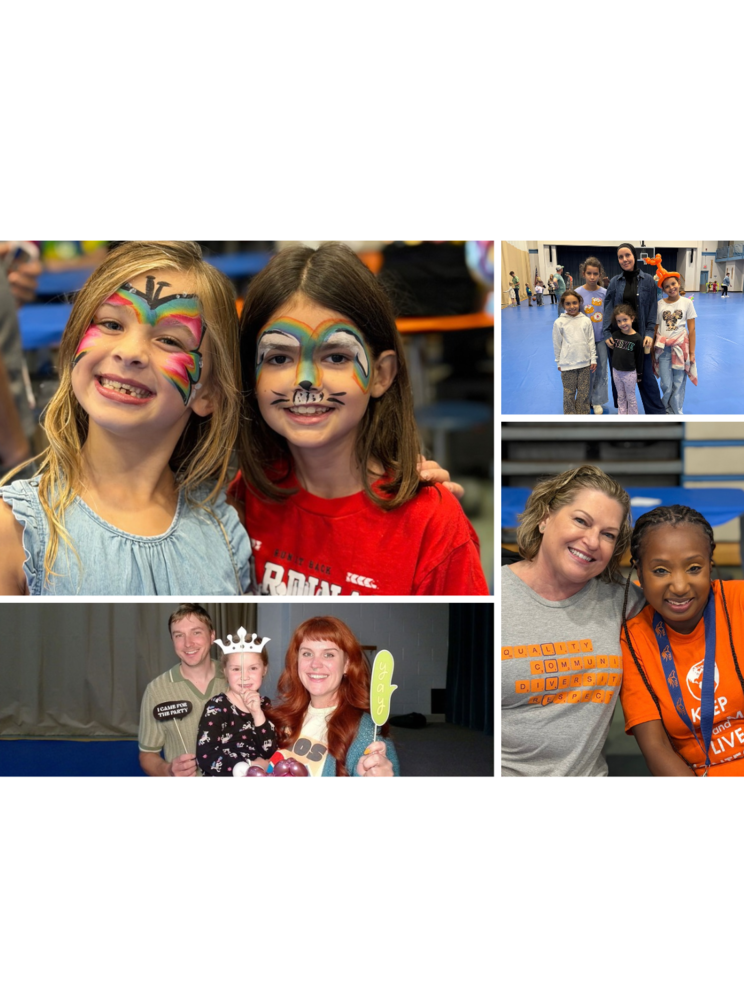 The image is a collage of photographs from the Ice Cream Social & Dr. Montessori Birthday Celebration, capturing children, families, and adults enjoying activities together in a gymnasium. The largest photograph features two smiling children with colorful face paint, including rainbow-inspired designs. Other images show a family posing together at the event, a child with two adults using playful photo-booth props, and two smiling adults wearing our school tshirt. Overall, the collage conveys a warm, joyful sense of community and belonging, highlighting shared experiences, family participation, creativity, and connection within the school community.