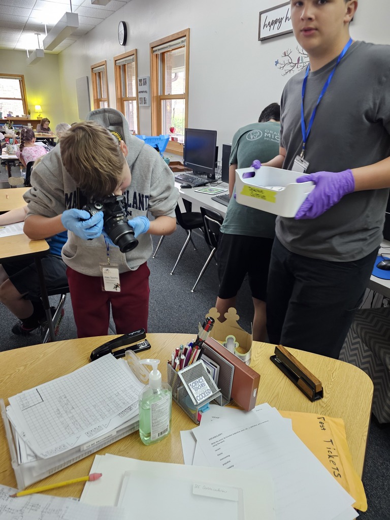 Junior High students wearing gloves analyze and photograph classroom evidence as part of a forensic science unit. One student documents materials while another carries an evidence collection bin.