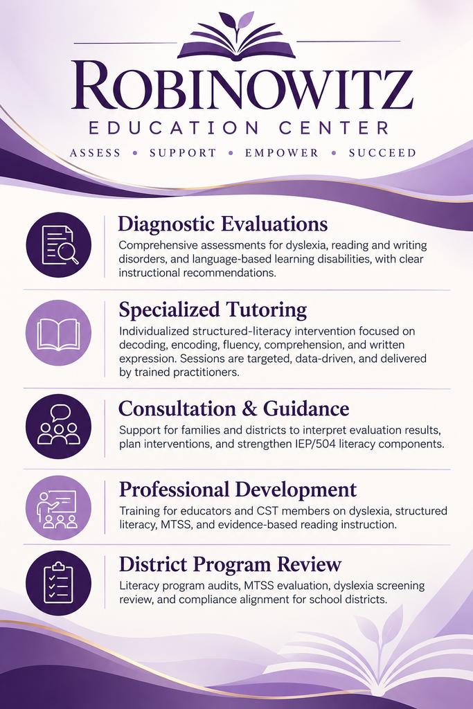 Purple and white educational services flyer, featuring icons and brief descriptions of assessments, tutoring, support, and district program review.