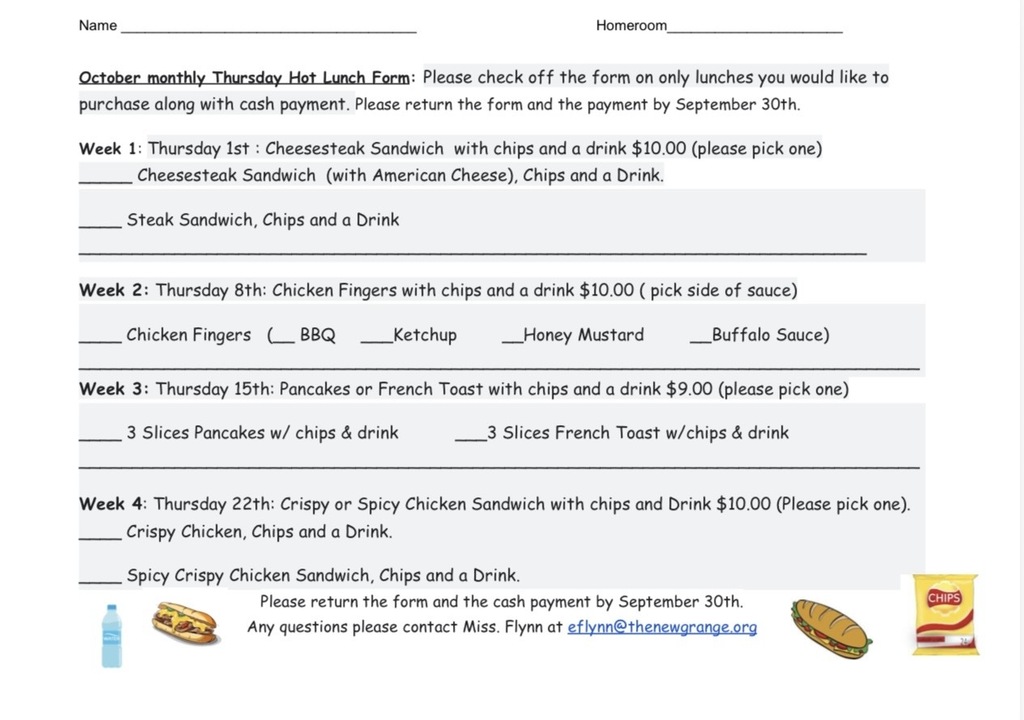 A weekly menu with items and prices listed, including sandwiches, chips, and drinks, for a Thursday hot lunch program.