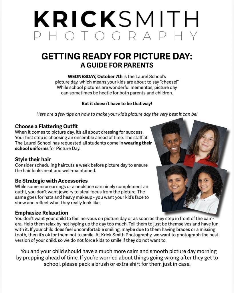 A flyer shows tips for parents to help their kids prepare for picture day. It includes suggestions for outfits, hair styling, and accessories.