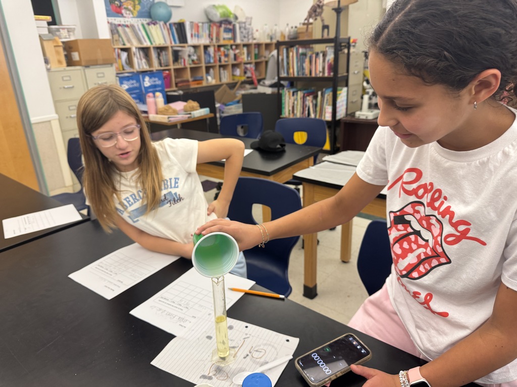 Two students in a classroom. One holds a funnel over a test tube while the other records observations.
