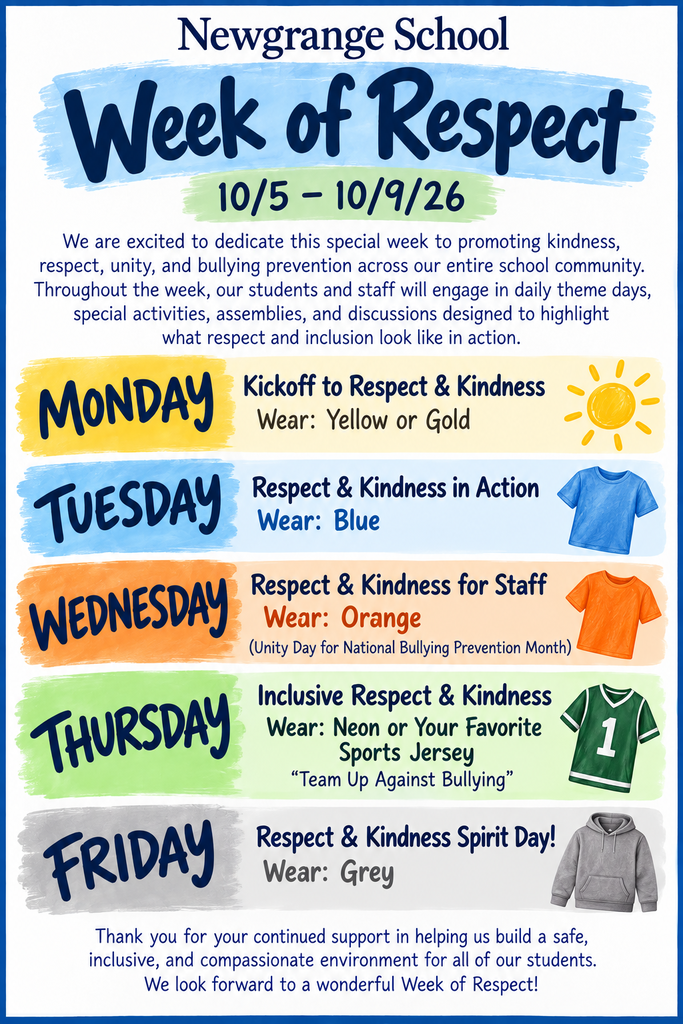 Poster with colorful weekly themes. "Week of Respect" from 10/5 to 10/9/26. Each day has a theme and color: Yellow or Gold, Blue, Orange, Neon or Sports Jersey, Grey.