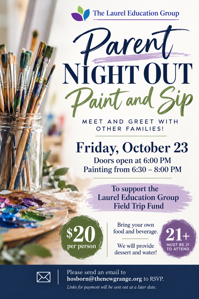 An advertisement for Parent Night Out Paint and Sip. It includes brushes in a jar, a table with paints, and text.