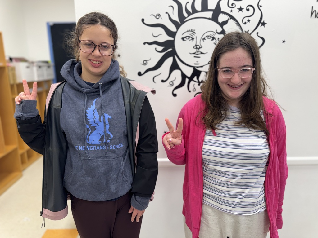 Two women stand in front of a sun mural, wearing glasses, and making peace signs. One wears a gray hoodie, and the other wears a pink cardigan.