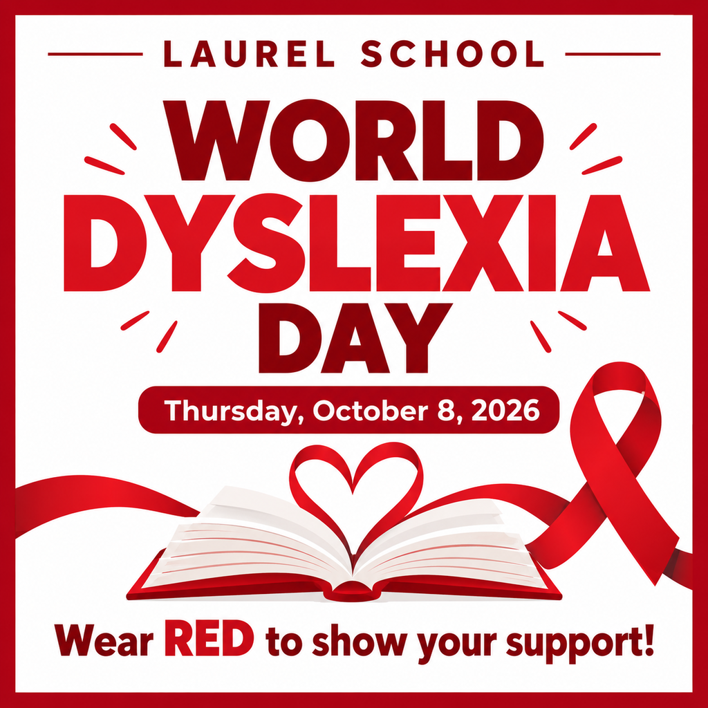 A poster with bold red text for World Dyslexia Day on October 8, 2026. It features a book, a heart, and a red ribbon.