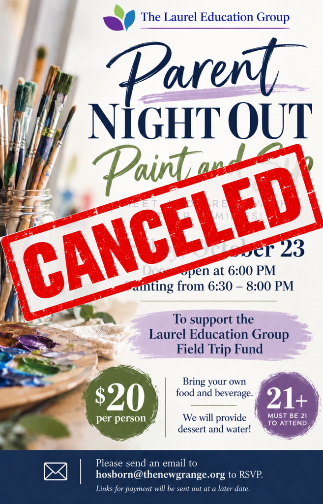 A flyer shows paintbrushes and jars. Text reads "Parent Night Out Paint and Sip CANCELED."