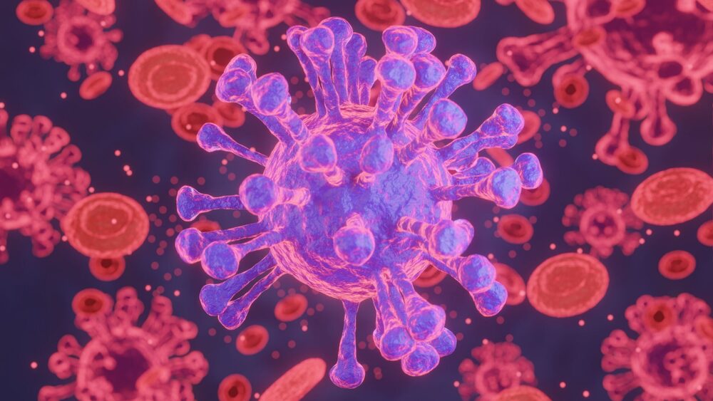 Illustration of virus particles among red blood cells.