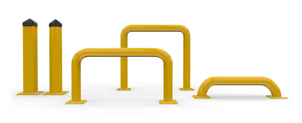 Various bright yellow steel safety bollards and guardrails on a white background.