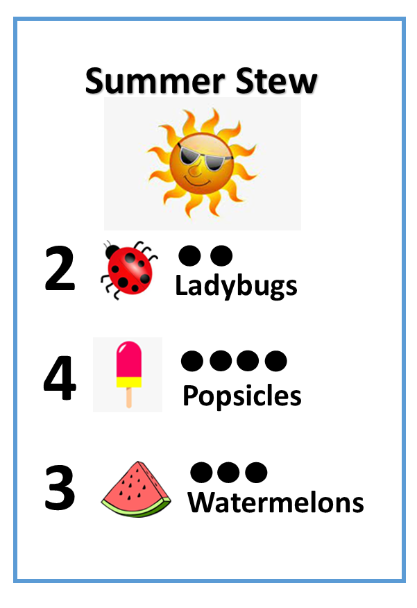 Educational counting card titled 'Summer Stew' listing 2 Ladybugs, 4 Popsicles, and 3 Watermelons