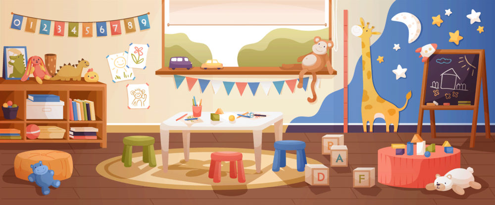 Colorful cartoon illustration of a cozy children's playroom featuring a central activity table, toy shelf, blackboard easel, and a starry night-sky wall with a tall giraffe