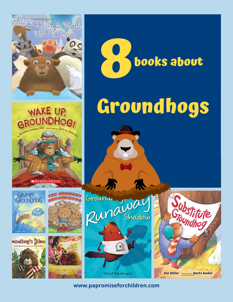 8 children's bookcovers of books about groundhogs with "8 Books about Groundhogs" text and groundhog graphic