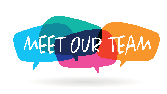 colorful text boxes that read 'meet our team' in white letters