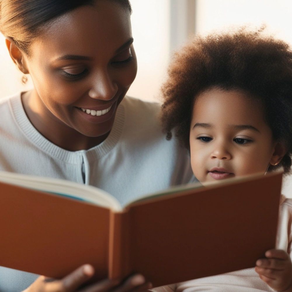 adult woman reading a book with a toddler