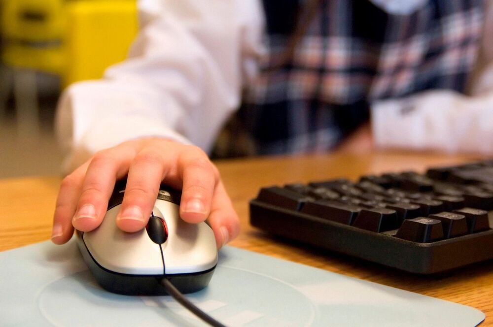 person using computer holding mouse
