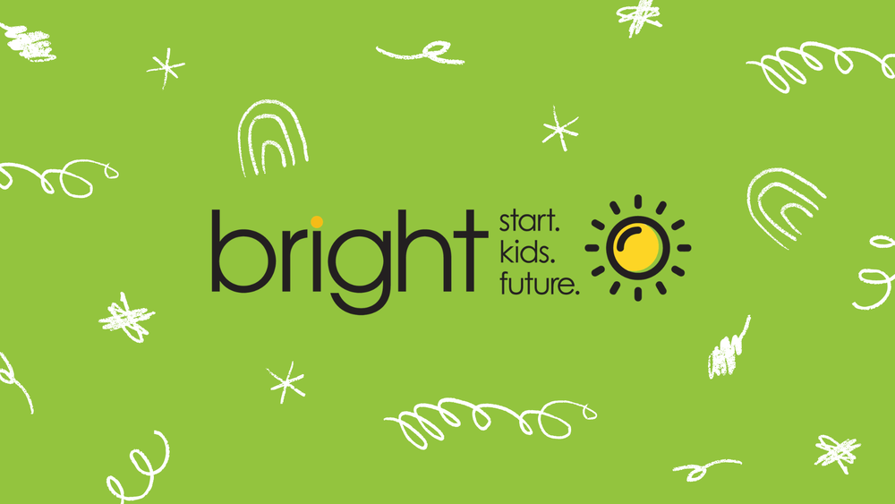 Green graphic with the word “bright” and the text “start. kids. future.” alongside a yellow sun icon and white doodle accents.
