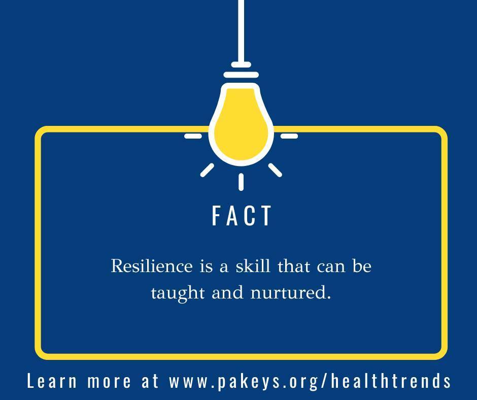 A blue background displays a light bulb with a yellow outline, text reads: "FACT: Resilience is a skill that can be taught and nurtured."