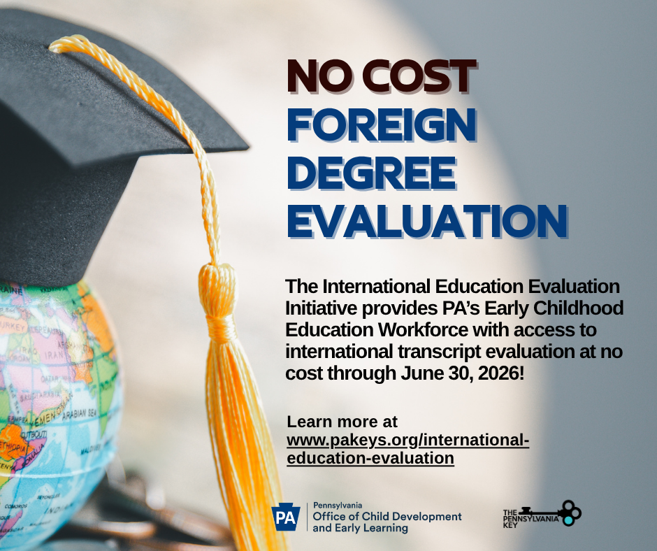 A graduation cap and tassel over a globe, with text "NO COST FOREIGN DEGREE EVALUATION" and details about an international education evaluation.