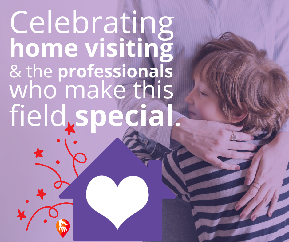 A young child in a striped shirt hugged by a person, with a house icon and heart, against a purple background.