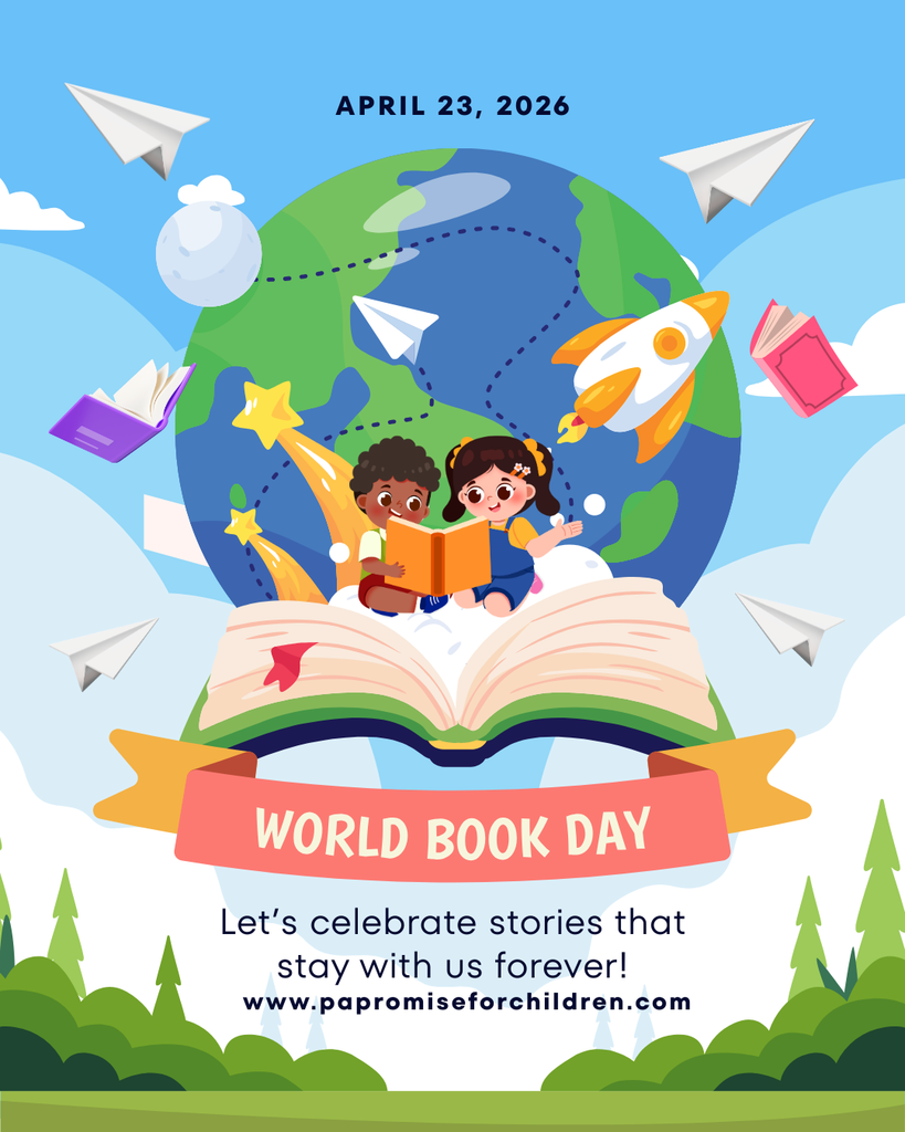 Illustration of two children reading a book on a globe, with text promoting World Book Day on April 23, 2026.