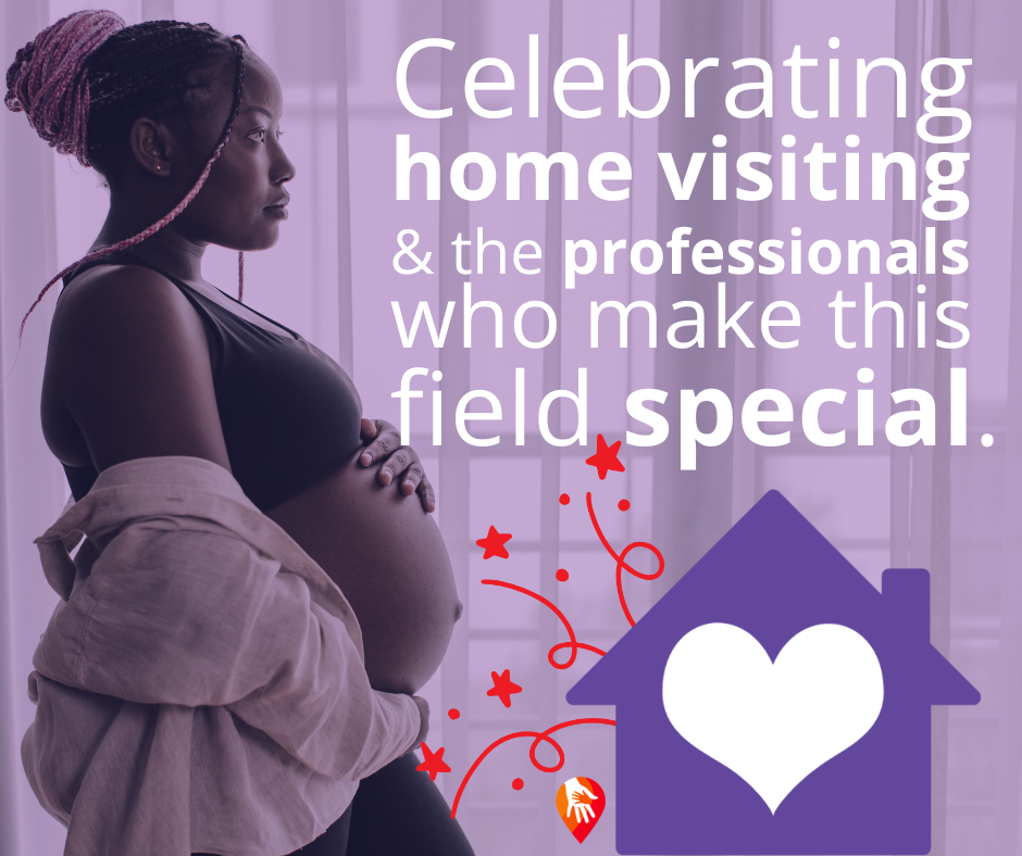 A pregnant woman with braided hair holds her belly against a purple background with white text and a house icon.