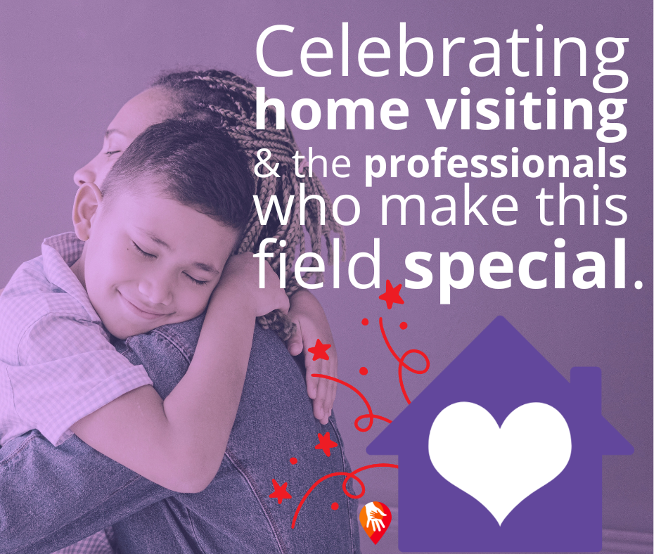 Purple background with white text. A child and adult hug, with a heart-shaped house graphic in the foreground.